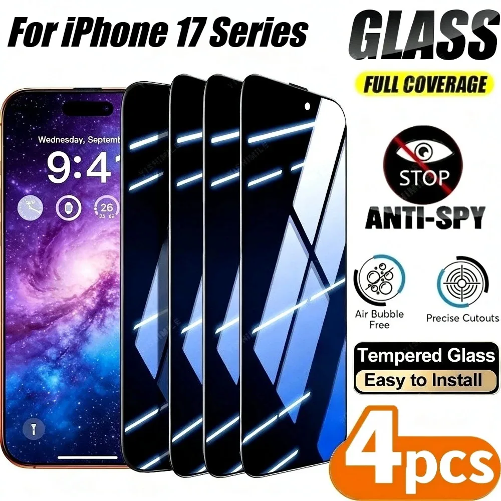 

Комплект из 4 защитных стекол для iPhone (полное покрытие экрана, защита от подглядывания), для моделей 17, 16, 15, 14, 13 Pro Max, Air 17e, 14, 15, 16 Plus, 12, 11 Pro, твердость 9H, закаленное стекло