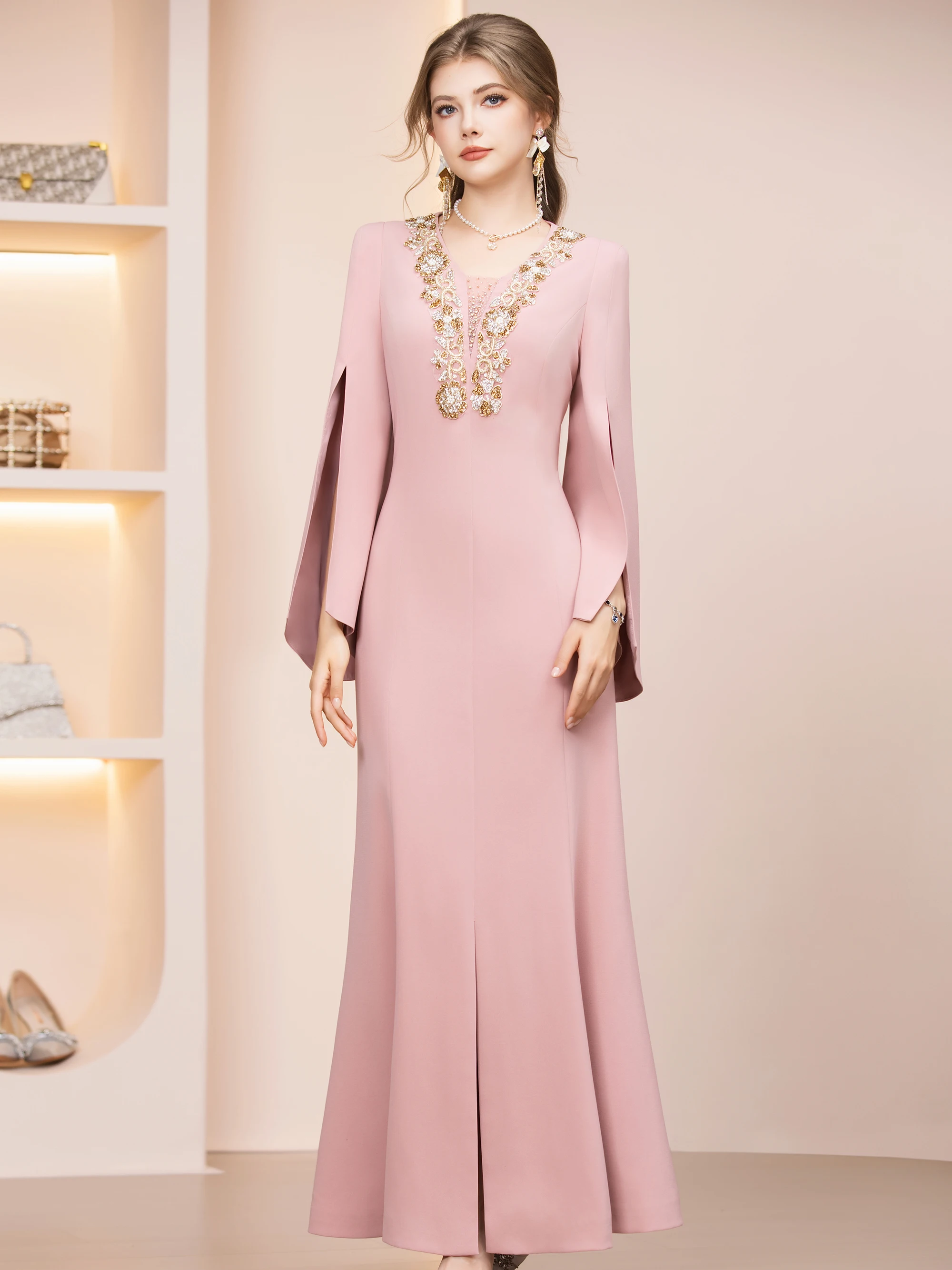 

Ele Pink Draped Diamond Embellied Split Luxury Dr Fi Tail Gown High Waist Polied Spring New Arrivals Women's Fas...