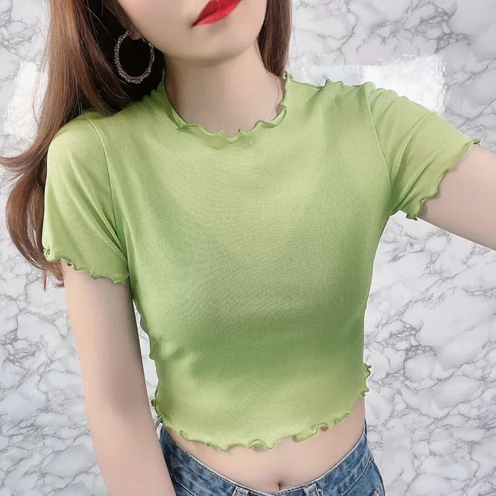 Women 6 Colors Short Sleeved T Shirt Girl Transparent Elastic Top New Mini Short T-shirt Edible Tree Fungus Edge Female Blouses