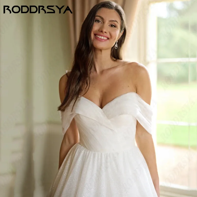 RODDRSYA-vestidos de novia de tul brillante, ropa Sexy con cuello en V, línea A brillante, hombros descubiertos, talla grande vestidos de novia de tul brillante, ropa Sexy con cuello en V, línea A brillante, hombros de