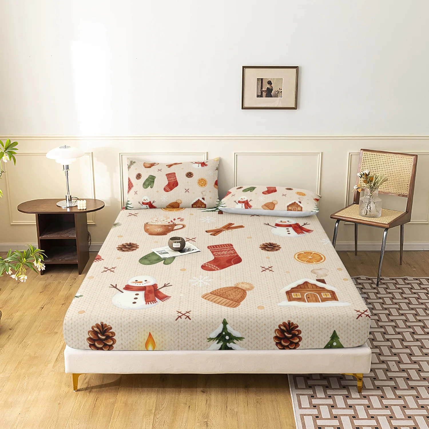 3Pcs Warm Vintage Christmas Bedding Set, Cute Snowman House Pine Cone Winter Element Print Fitted Sheet Set, Festive Home Decor
