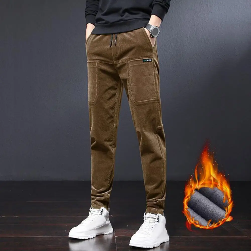 

Men Autumn Winter Casual Pants Elastic Waist Drawstring Corduroy Trousers Thickened Fleece Lining Straight Fit Harem Pants