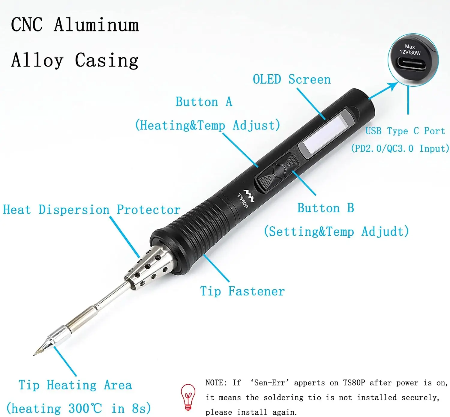 TS80P Soldering Iron Smart Mini Portable Digital Welding Tools Kit with B02 Tips Pocket-size 9V/12V Type C USB Power Supply