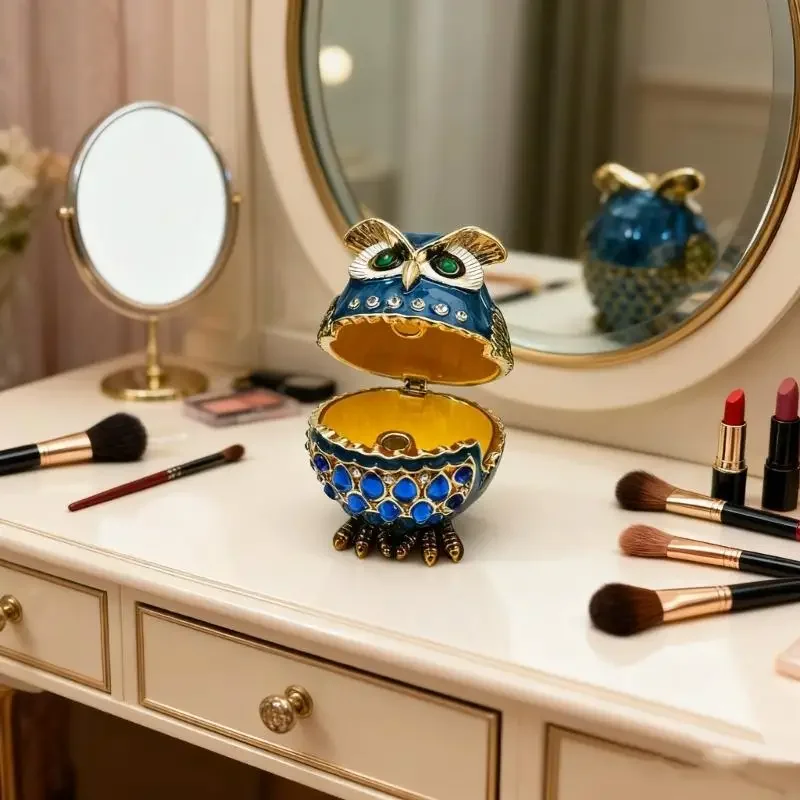 منظمات المجوهرات المصنوعة من خليط معدني على شكل بومة، صندوق تزيين متعدد الأقسام لعرض الخواتم