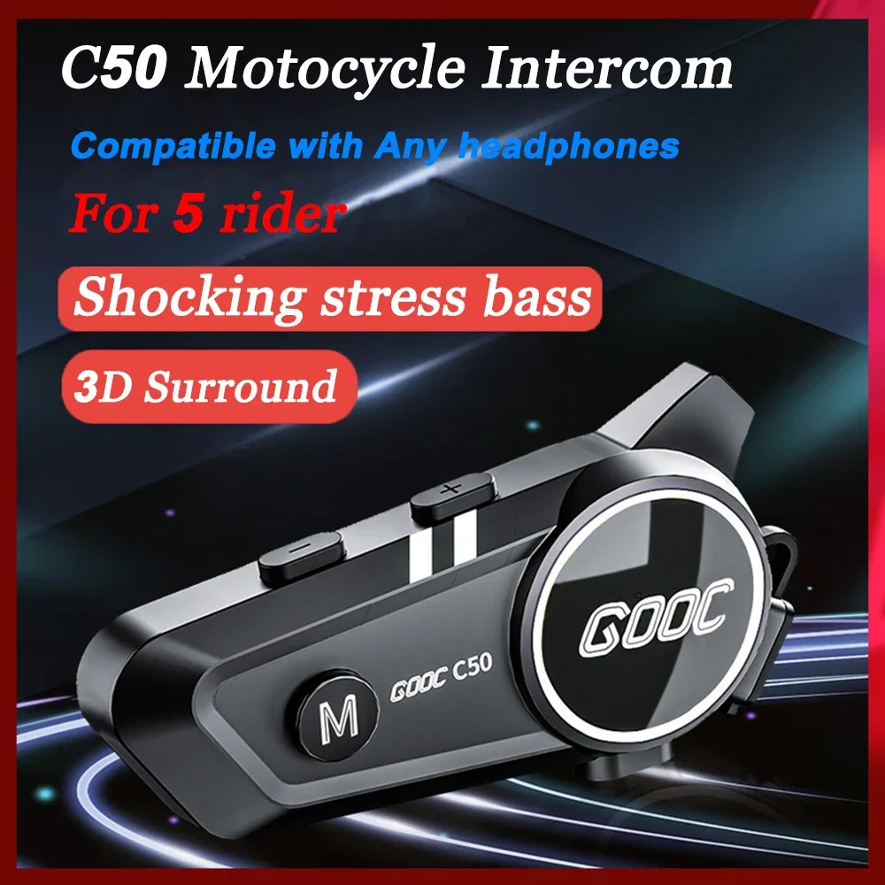 1/2Pcs C50 Motorcycle Helmet Intercom 300M Bluetooth Moto Helmet Headset Universal Pairing Wireless Intercomunicador for 5 Rider