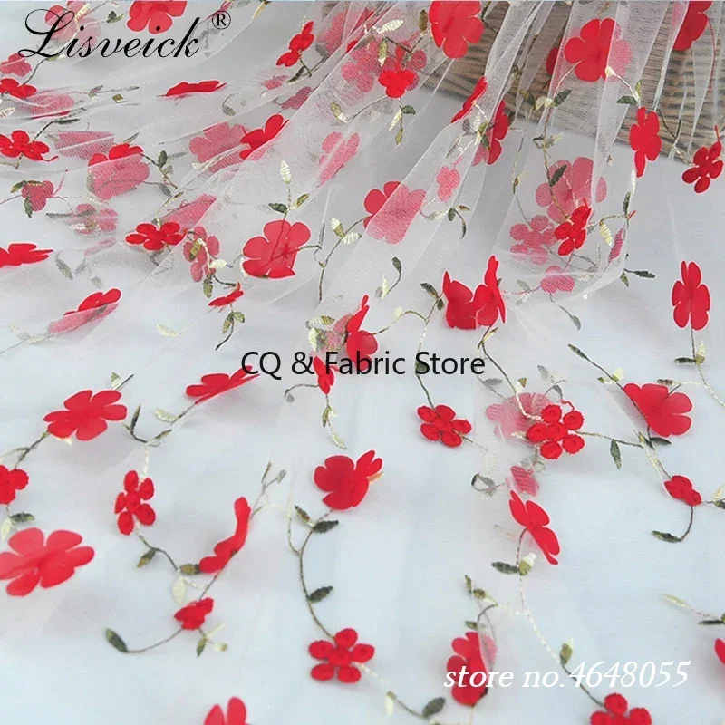 1Yard 3D Flower Embroidered Mesh Lace Fabric DIY Wedding Dress, Children's Clothing Elegant Applique