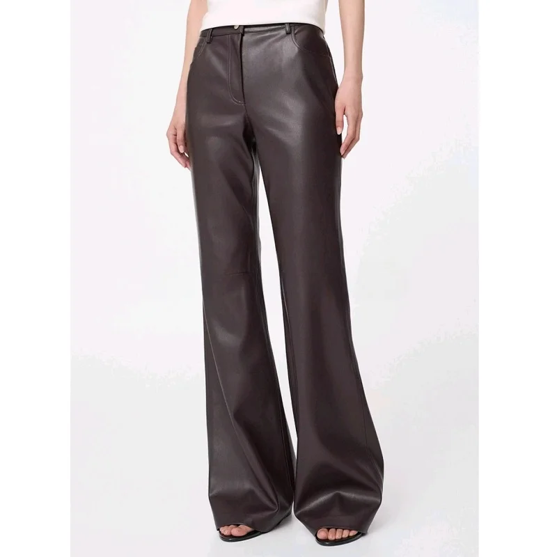 Automne Faion femmes en cuir PU ceinturé évasé jambe allongeant Sexy minceur décontracté en cuir pantalon Long pantalon en Fiber de Polyester