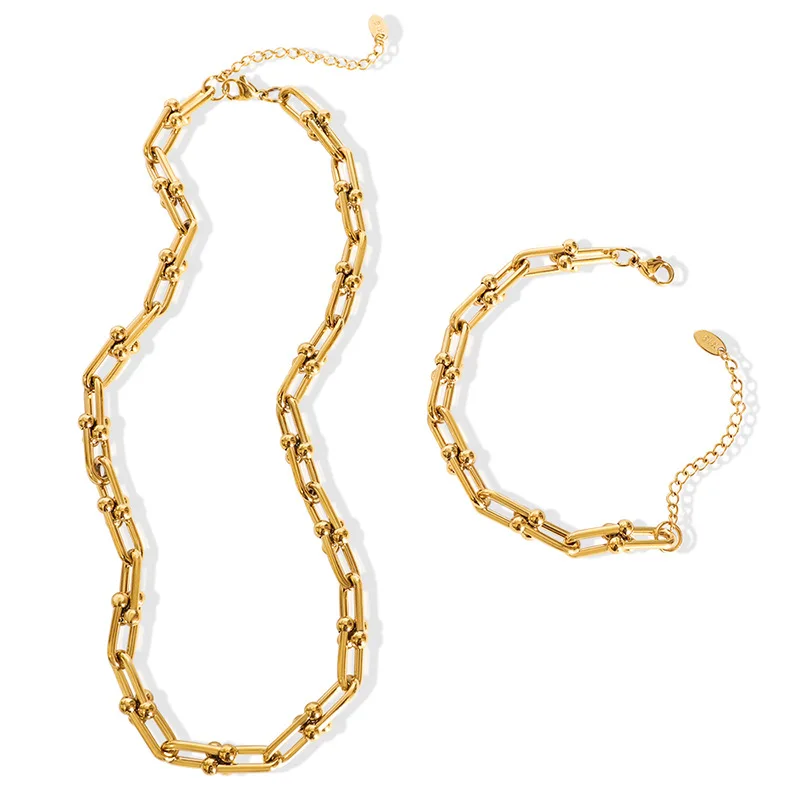 

New 316L Stainless Steel Link Chain Necklace Bracelet Set for Girl Women 18K IP Gold Plated Charm Solid Metal Jewelry Punk Gift