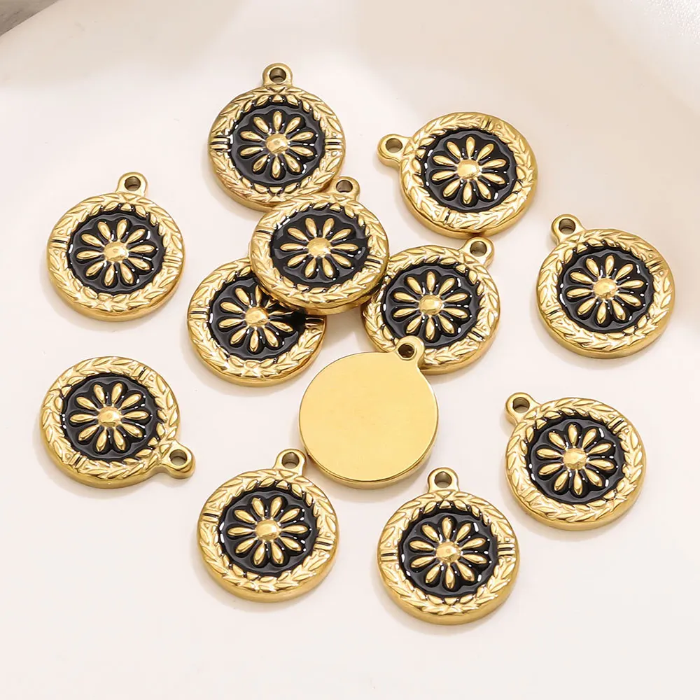 

5PCS Enamel Flower Stainless Steel Charms DIY Earrings Necklace 18K Gold-Plated Jewelry Materials Pendant Parts Making Wholesale