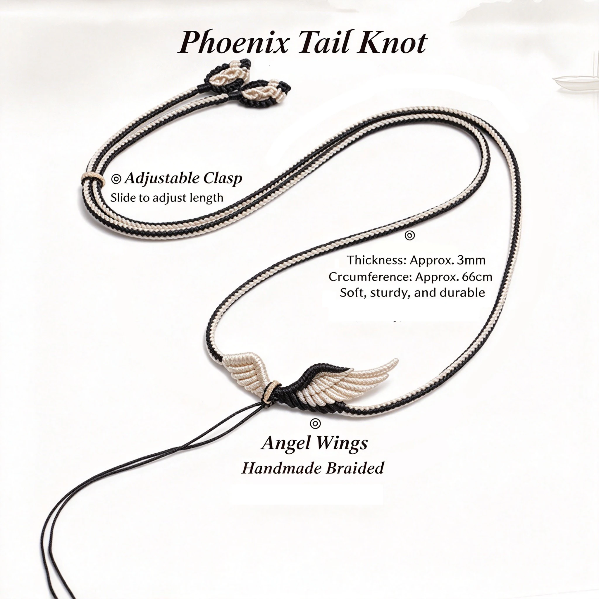 Handmade 3mm Braided Cord, Adjustable Pendant Necklace Lanyard with Angel Wings Charm for Jewelry Men Women