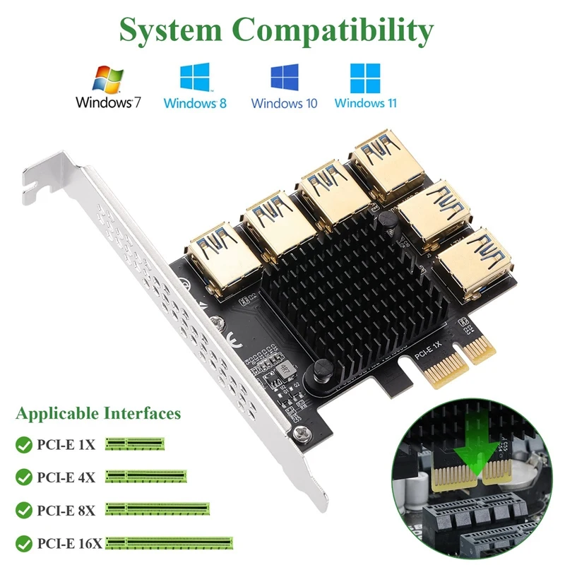 Tarjeta elevadora Pcie 1 a 6 PCI Express 16X, convertidor adaptador USB 3,0, tarjeta extensora divisor PCIE para minería de Bitcoin