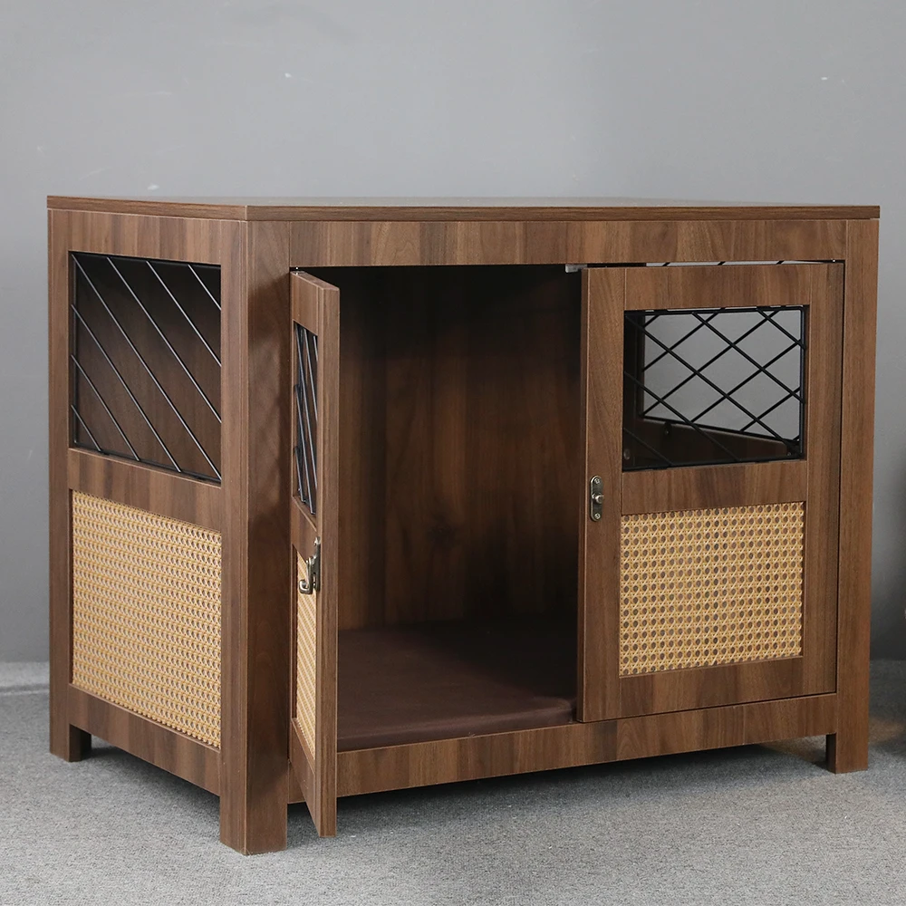 Factory Direct Hoopet Ventilation Wood Rattan Dog Cage House Furniture