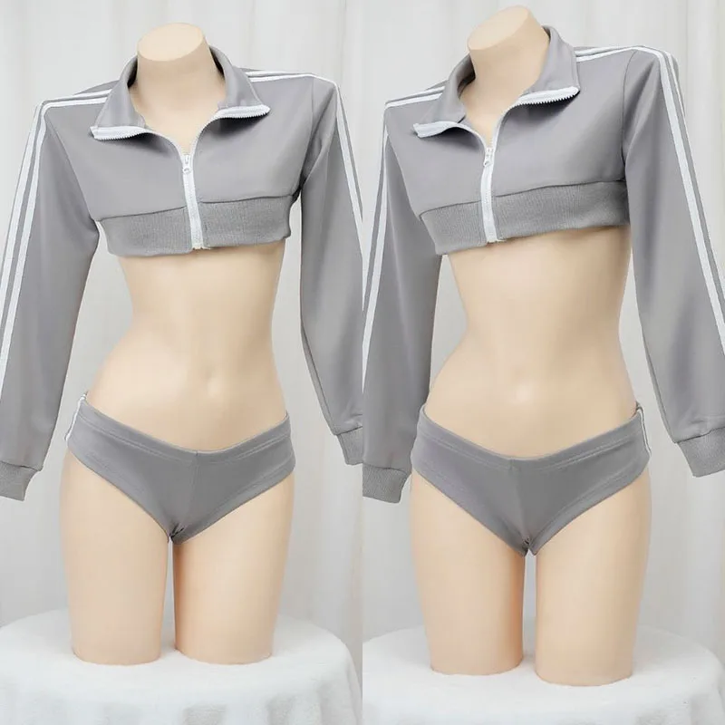 Long Sleeve Split Zipper Gymnastics Clothing Two-Piece Set Student Clothes Cosplay Black Grey Red Crop Top Athletic Wear Outfits