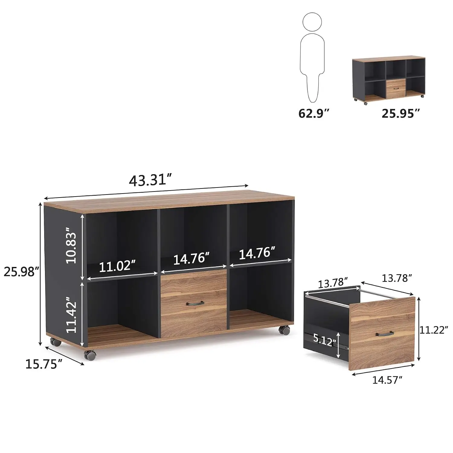 2-Drawer Lateral File Cabinet, 43-inch Mobile Wood Printer Stand With Wheels & Open Shelves, Letter Size, Customized