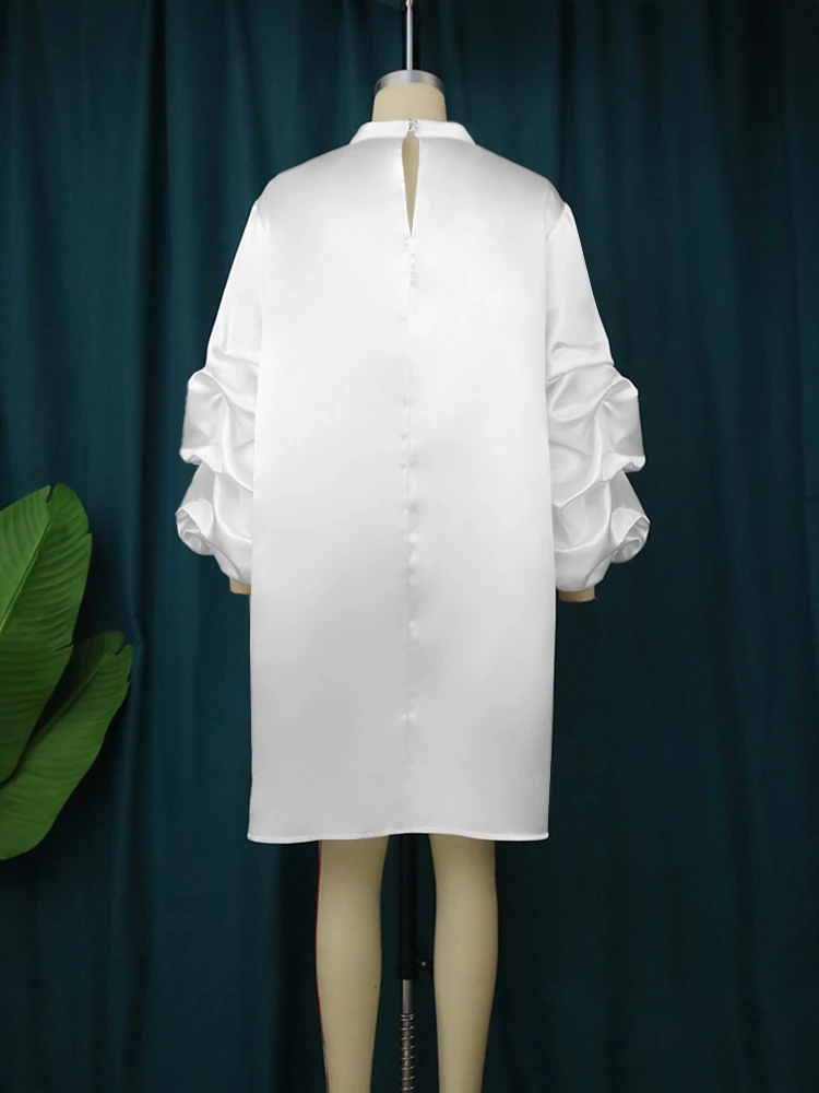 Robe en Satin Blanc à Manches Bouffantes et Col Haut pour Femme, Longueur aux Genoux, Décontracté, Chimressé, Bureau, Club, ixd'Anniversaire