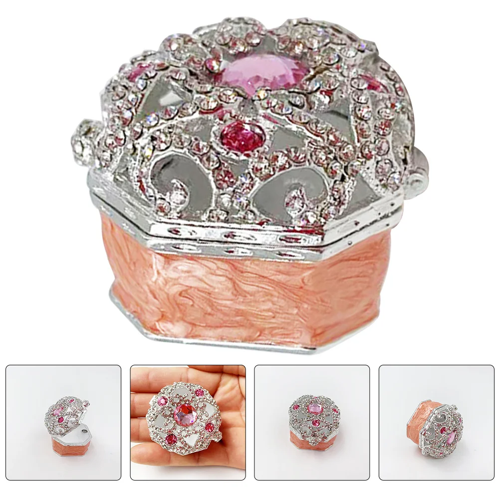 

Jewelry Storage Box Octagonal Rhinestone Inlaid Trinket Box For Ring Earring Bracelet Organizer Vintage Metal Case