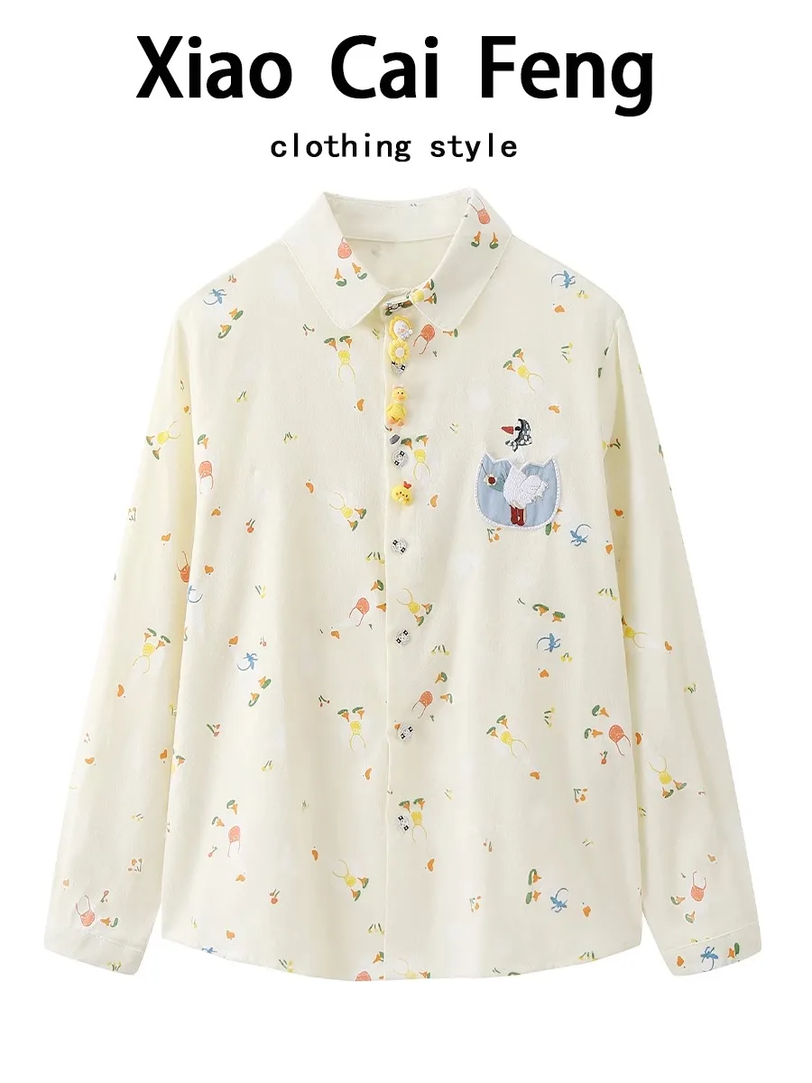 楽しい漫画プリント柄の長袖Tシャツ、女性用、春・秋の新作、森系、カレッジ風、万能なベーストップ