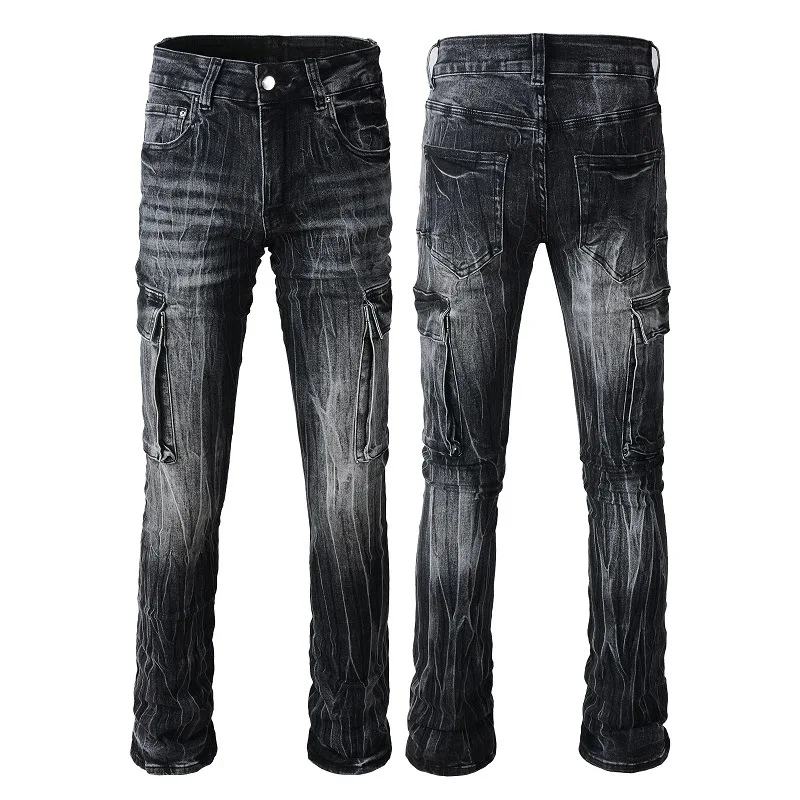 

American high street mens slim fit elastic jeans flared pants trendy fashion
