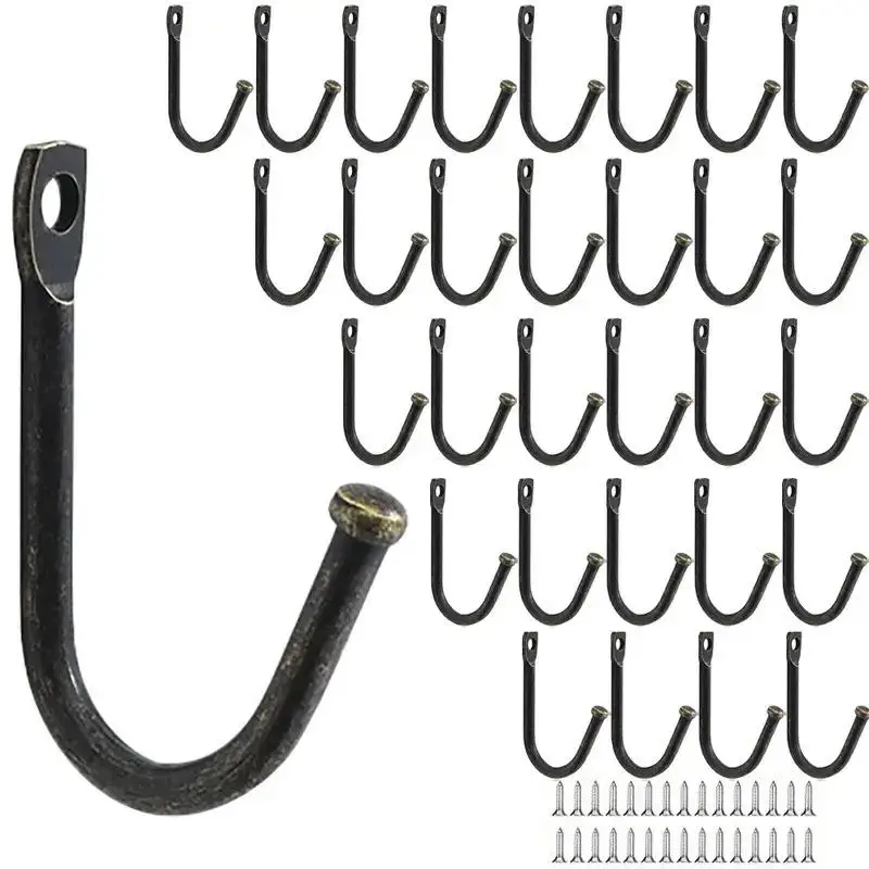 10/20Pcs J Shaped Metal Wall Hooks With Screws For Coat Towel Bag Scarf Hat Wall Mounted Kitchen Bathroom Storage Rack