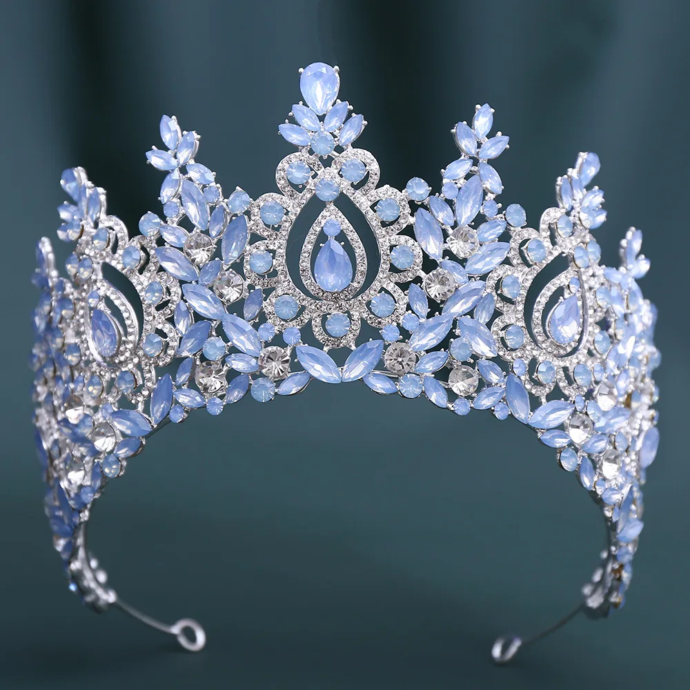 DIEZI Baroque Luxury Blue Opal Crystal Tiara For Women Wedding Party Elegant Bridal Bride Rhinestone Crown Hair Accessories