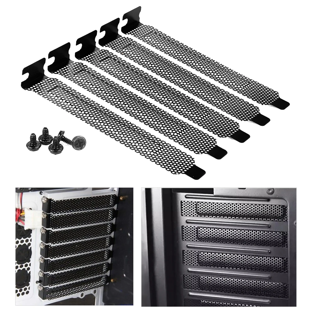 5pcs Hard Steel 120x20x12mm Black Mesh PCI Chassis Slot Covers Bracket Dust Filter With Screws Blanking Plate For PC Computer