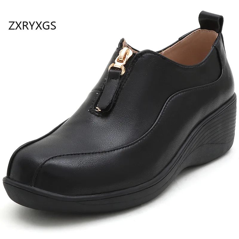 

ZXRYXGS Туфли на танкетке из натуральной кожи с глубоким вырезом в британском стиле, 2022, модная женская обувь с квадратным носком и молнией спереди, большие размеры