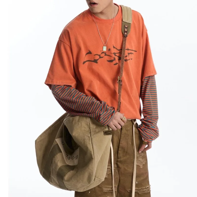 النمط الياباني ريترو فانتوم تي شيرت مطبوع الرجال وهمية قطعتين شريطية طويلة الأكمام البلوز تي شيرت للجنسين فضفاض الهيب هوب القمم