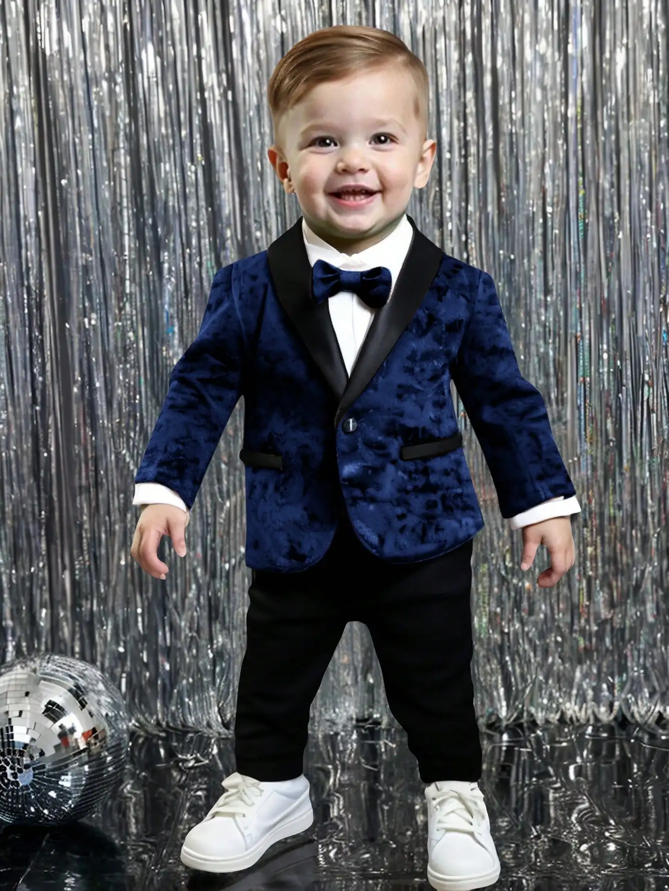 

Комплект из 3 предметов: темно-синий бархатный пиджак с галстуком-бабочкой для малышей - нарядный костюм для вечеринок и торжественных мероприятий