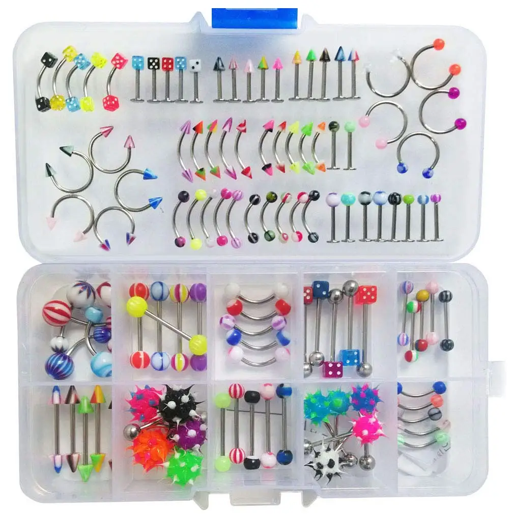 45-110Pcs Stainless Steel Body Piercing Jewelry Mix Style Eyebrow Navel Labret Lip Tongue Nose Ring Without box