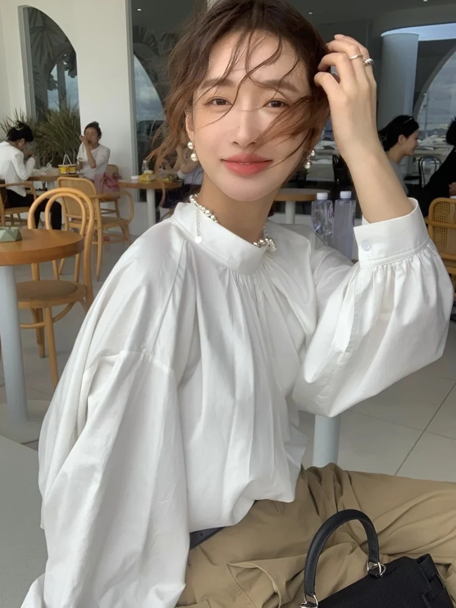 

Ele Lantern Sve Stand Collar Women's irt Faionable Sophistied Spring Clothing New Light Maturi Aosphere irt