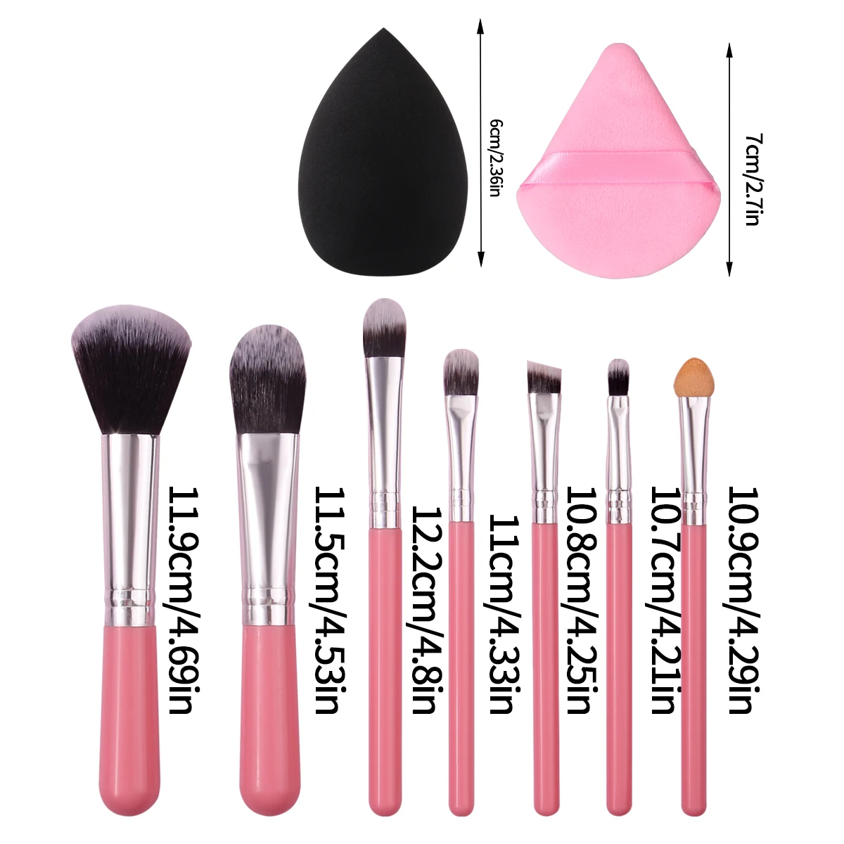 Mini 7-piece portable makeup brush set:Foundation, blush and eyeshadow brush + 2 sponge powder puffs,a makeup tool for beginners