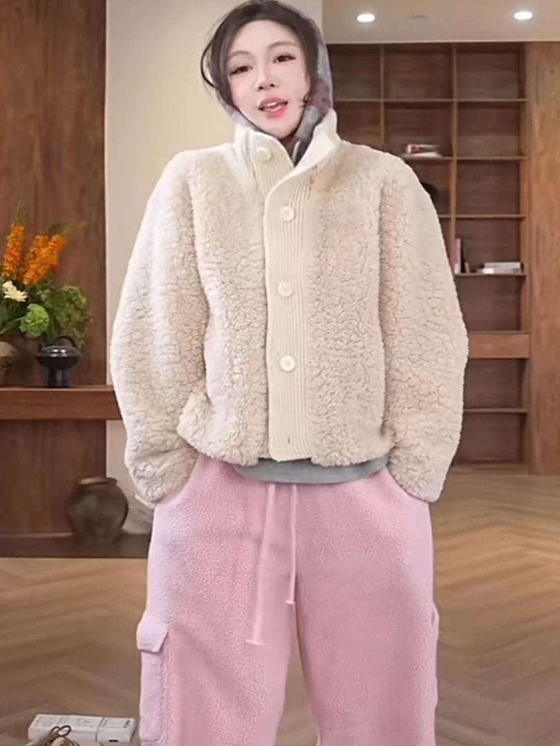 

Woolen Doll Winter Coat round Ne Single Button Patchwork Lightweight Jaet Ele Sle Fem Mid-Year