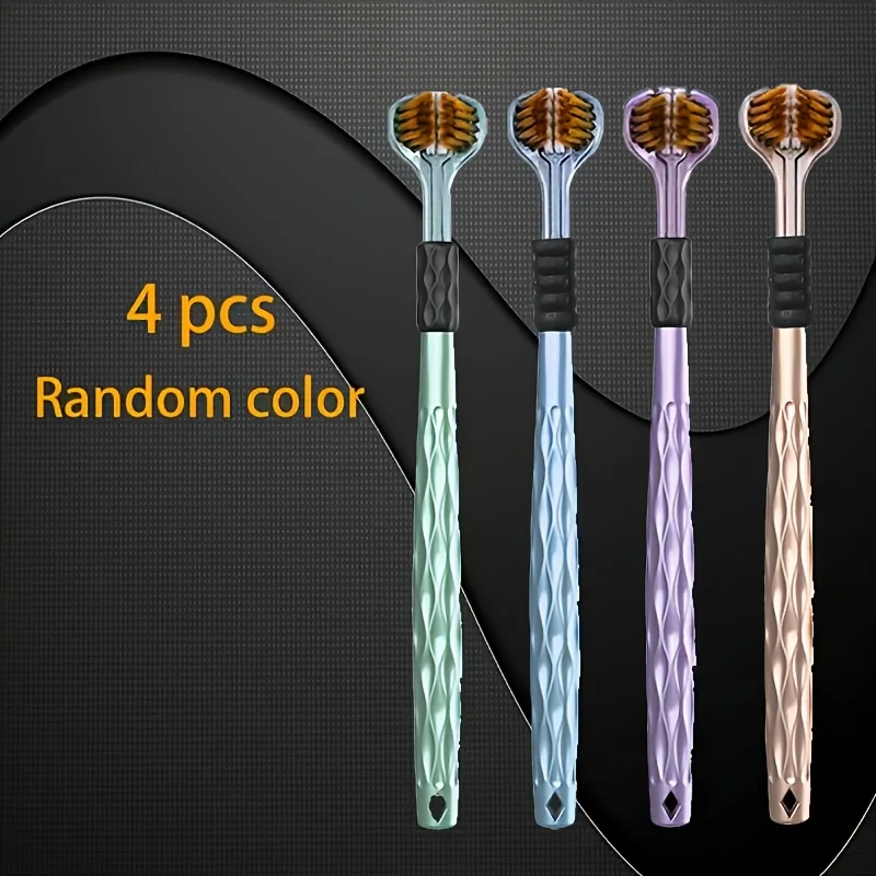 4pcs Set of Ergonomic Manual Toothbrushes with 3 Brush Heads,Golden Volcanic Bristles And Soft Grip Handle - Suitable for Adults