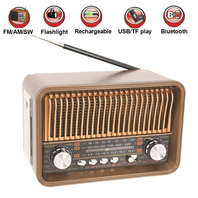 Outdoor Emergency Radio with Torch Lighting Vintage High Sensitivity FM Radio Music Player Portable Bluetooth Speaker TF AUX USB