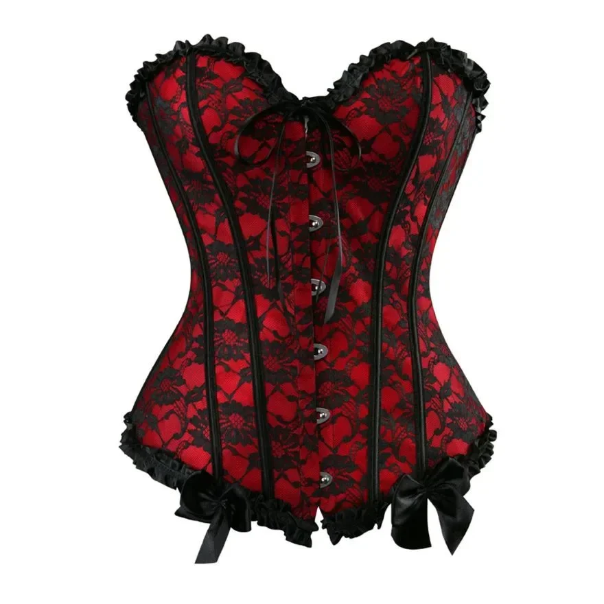 Women Gothic Corset Top Vintage Plus Size Floral Lace Overbust Bustier Lingerie Purple Red Corselet