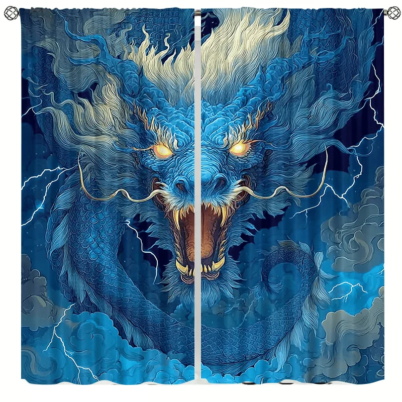 Thunderstorm Blue Dragon Pattern Curtains, installed using pocket rods, suitable for bedrooms, living rooms balconies decoration