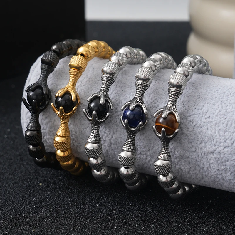 Luxury 8mm Stainless Steel Beads Dragon Claw Charms Man Bracelet Jewelry Christmas Gift