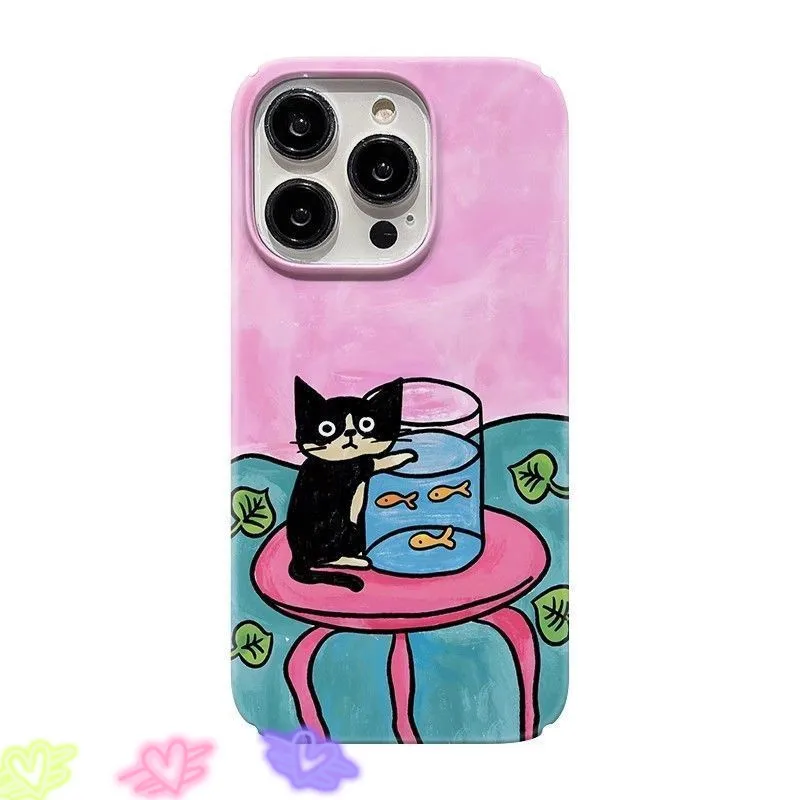 Ins Cute Cartoon Tuxedo Cat Goldfish Bowl Oil Painting Phone Case for iPhone 17 16 15 14 13 Pro Max 12 11 Back Cover view 6