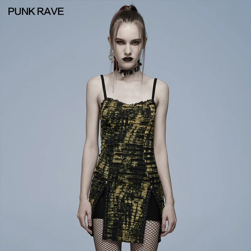 

PUNK RAVE Women's Gothic Abstract Print Hole Breaking Slip Dresses Punk Sexy Playful Club Mini Dress for Women Summer