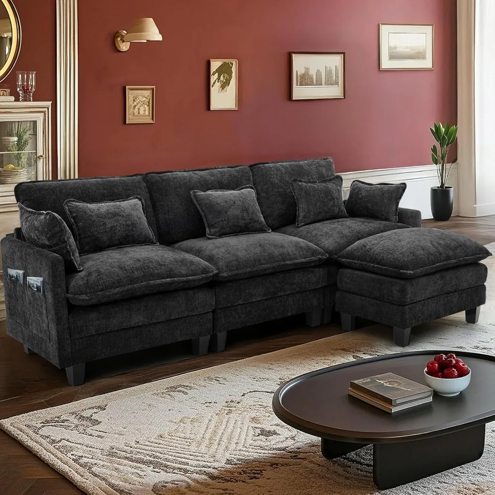 

113 Inch Cloud Sofa Sectional, L Shape Modular Sectional Sofa, 4 Seater Extra Deep Sofa with Ottoman and 5 Pillows