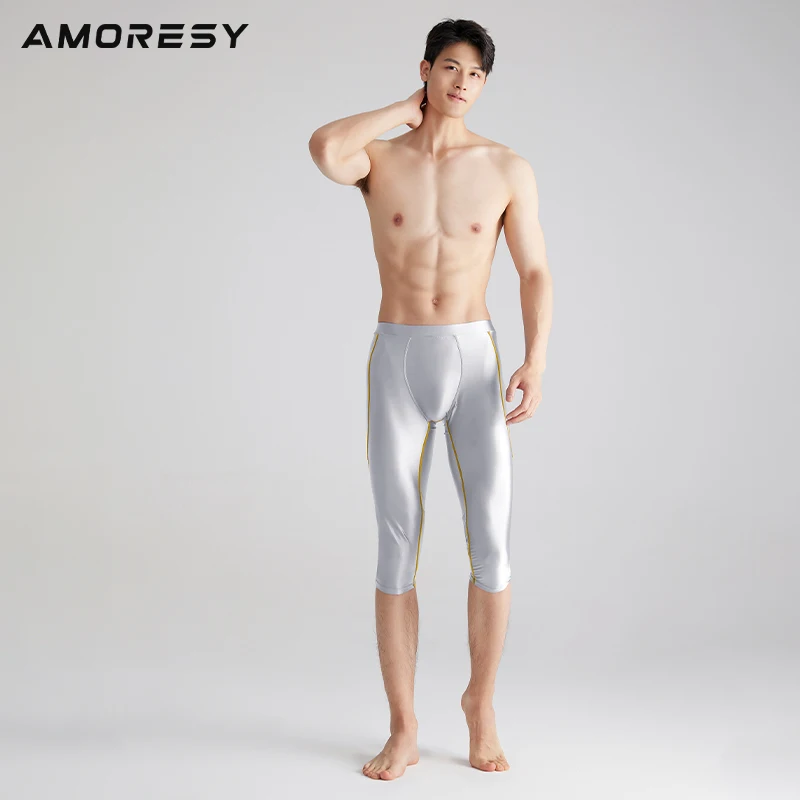 AMORESY Men\'s Shiny Gloosy Fitness Capris Breathable Running Yoga Satin Compression Leggings Sport Tights Sportswear Swim Pants