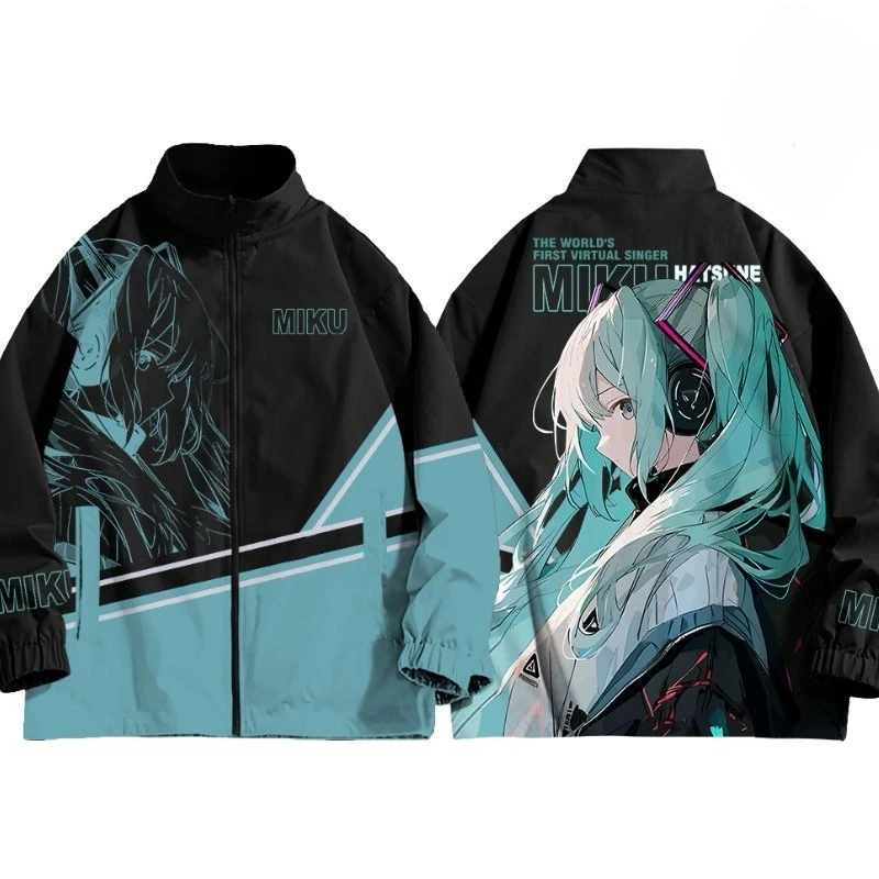 Kurtka Hatsune Miku, bluza z kołnierzem stójką, zapinana na zamek, wiatroodporna, ciepła, anime, dwuwymiarowe ubrania Pain