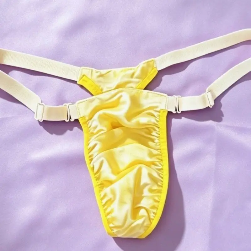 Men's Double Layer 19 Momme Silk Elastic Satin Thong, Adjustable Sexy G-string Underwear Low Waist U Convex Pouch LGBT T Back