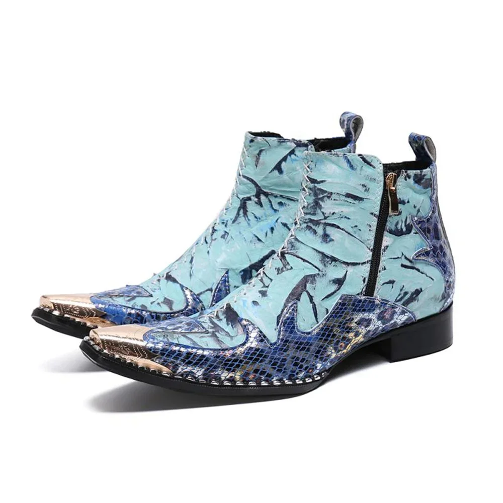 

Blue Printing Bordered Zipper With Metal Genuine Leather High Heels Pointed Toe Boots Male Plus Size Fashion Party Dress Shoe