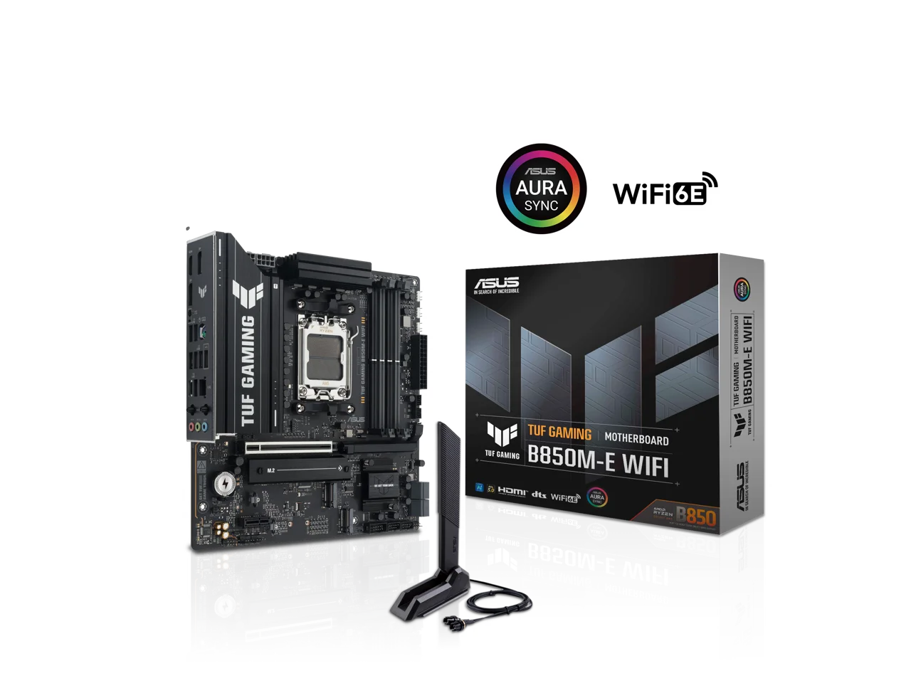 ASUS TUF GAMING B850M-E WIFI AMD B850 mATX motherboard, 8+2+1 80A DrMOS power stages, DDR5, PCIe 5.0, 3 M.2 slots, WiFi 6E, 2.5Gb Ethernet, DisplayPort, HDMI, rear USB-C 10Gbps and front USB-C 5Gbps