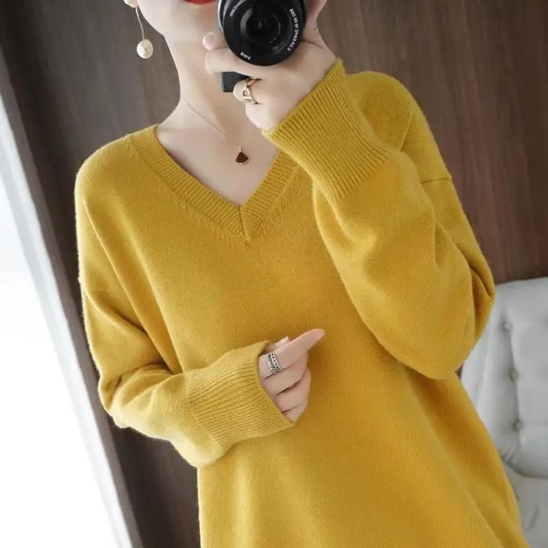 Female Simplicity Solid Color Loose Knitted Pullovers Autumn Winter All-match Long Sleeve V-Neck Midi Sweaters Women\'s Clothing