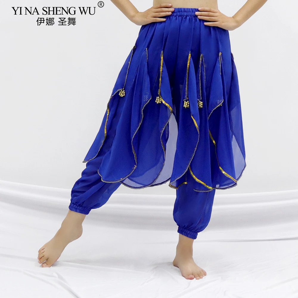Belly Dance Performance Pants Adult Women Indian Dance Practice Dancing Chiffon Bloomers Dance Practice Gold Trim Rotating Pants