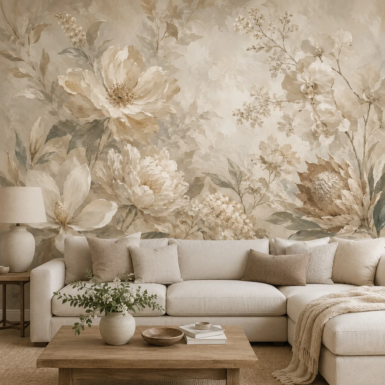 Neutral Beige Oversized Floral Wall Mural Wallpaper, Textured Oil Painting Botanical Accent Wall for Living Room, Paste Required
