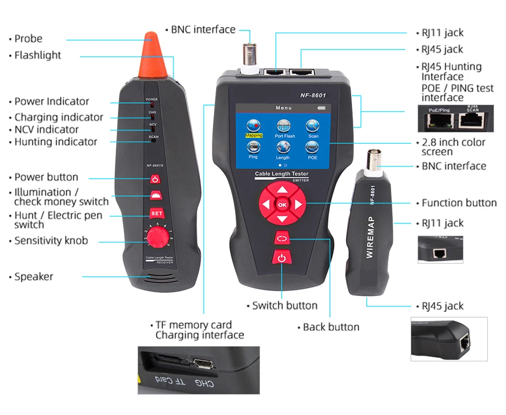 NOYAFA Netzwerkkabeltester NF-8601 Ethernet-Kabeltracker mit PoE/PING-Funktion, Messung der Länge, Wiremap-Tester, Netzwerkwerkzeuge – Detail 3