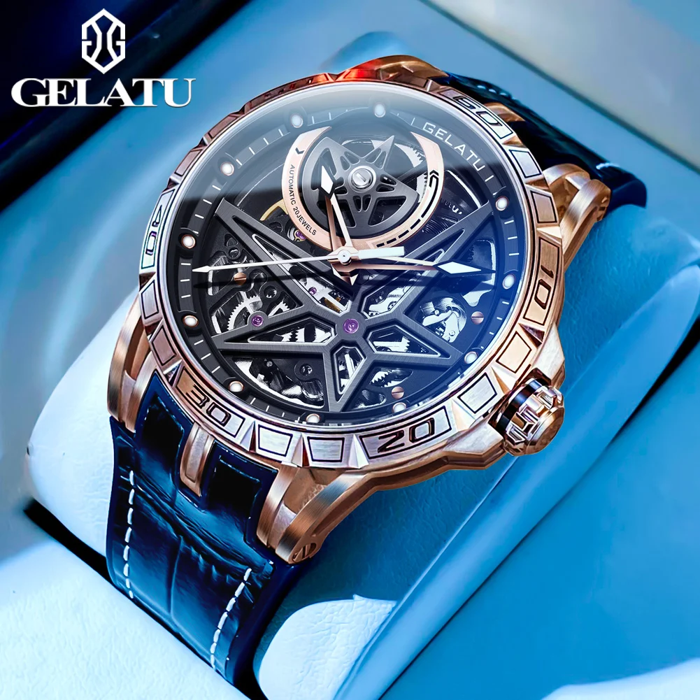 GELATU 6009 Men Watch Hollow out Dial Waterproof Night Light Brand Sports Watch Luxury Original Men Automatic Mechanical Watch